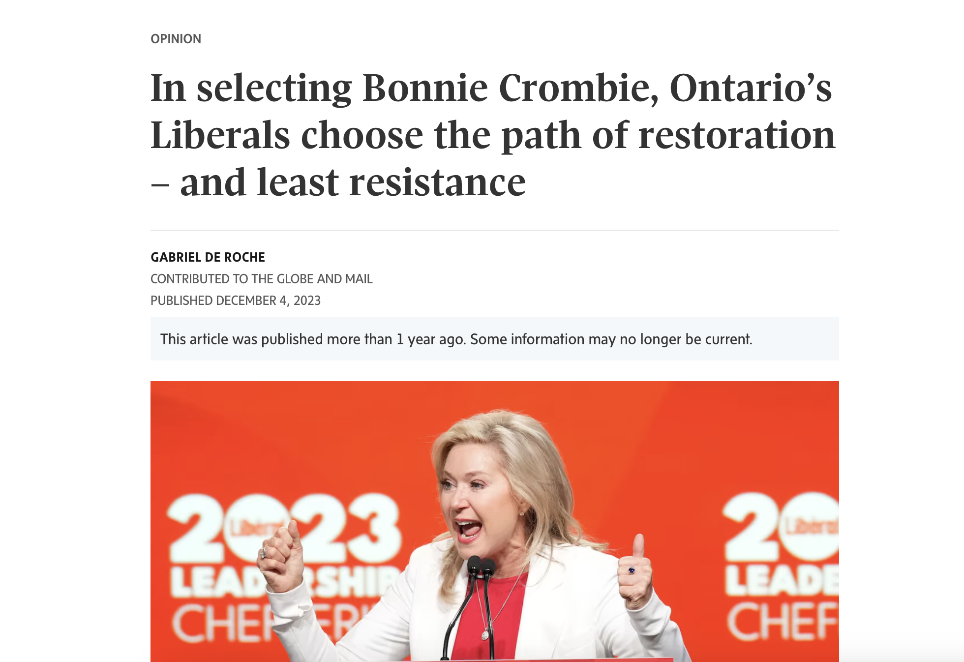 In the Globe and Mail: โIn selecting Bonnie Crombie, Ontarioโs Liberals choose the path of restoration โ and least resistanceโ
